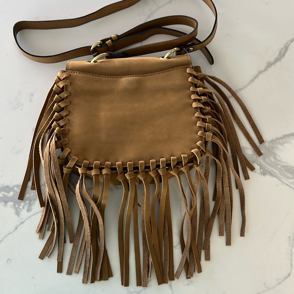 Leather suede purse handbag w fringe  long adjustable strap lots of pockets NEW